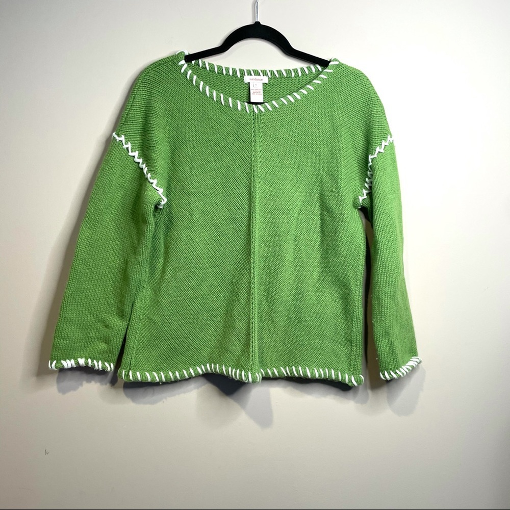 SUNDANCE Green & White Lambswool Blend Boxy Pullover Sweater - Sz Small